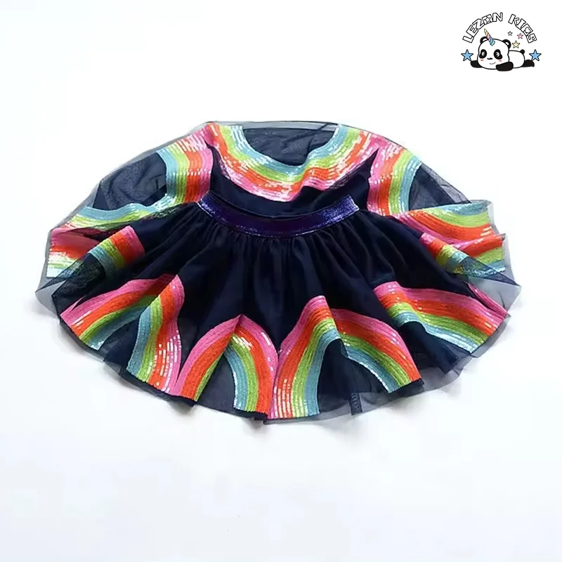 LEZONKIDS - Saia Tutu Mini Personalizável para Meninas Crianças Arco-íris Lantejoulas Bordadas Algodão Doce Estilo Ocidental Impressão Saia